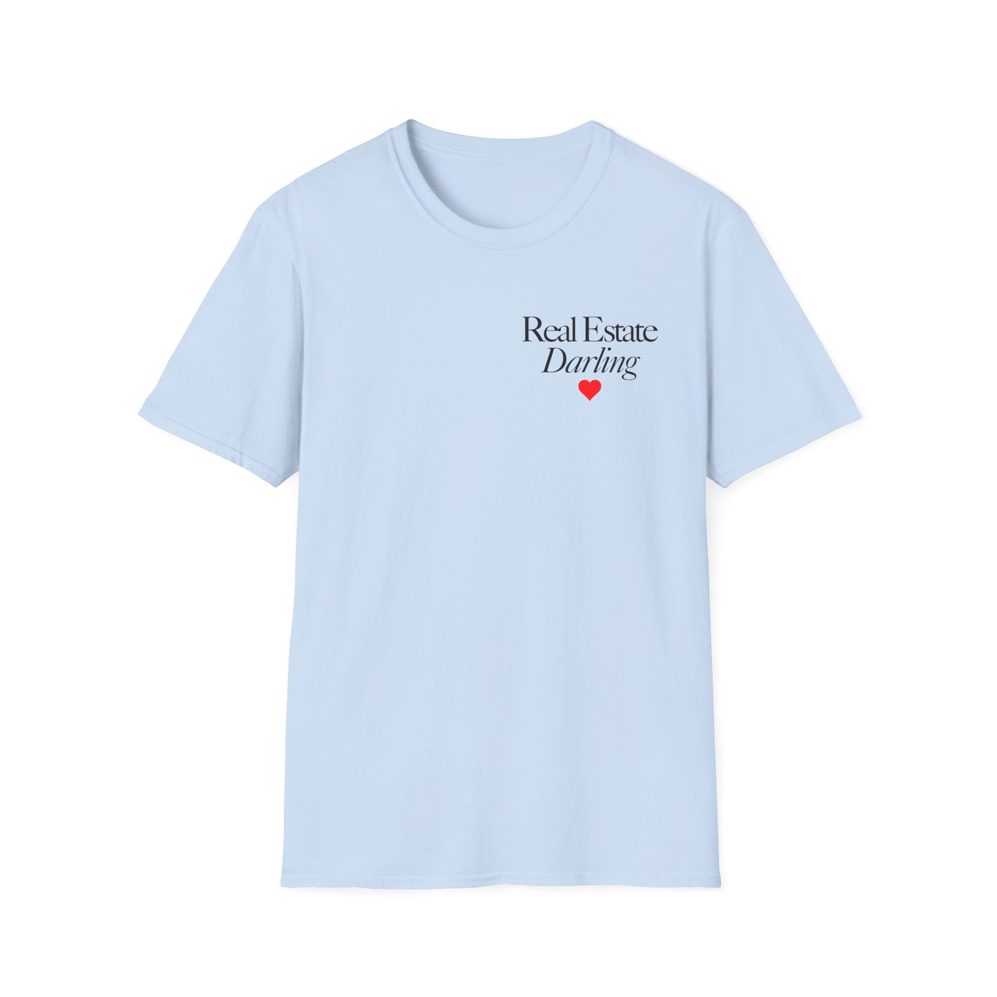Real Estate Darling T-Shirt - Black Text Red Heart - Left Chest