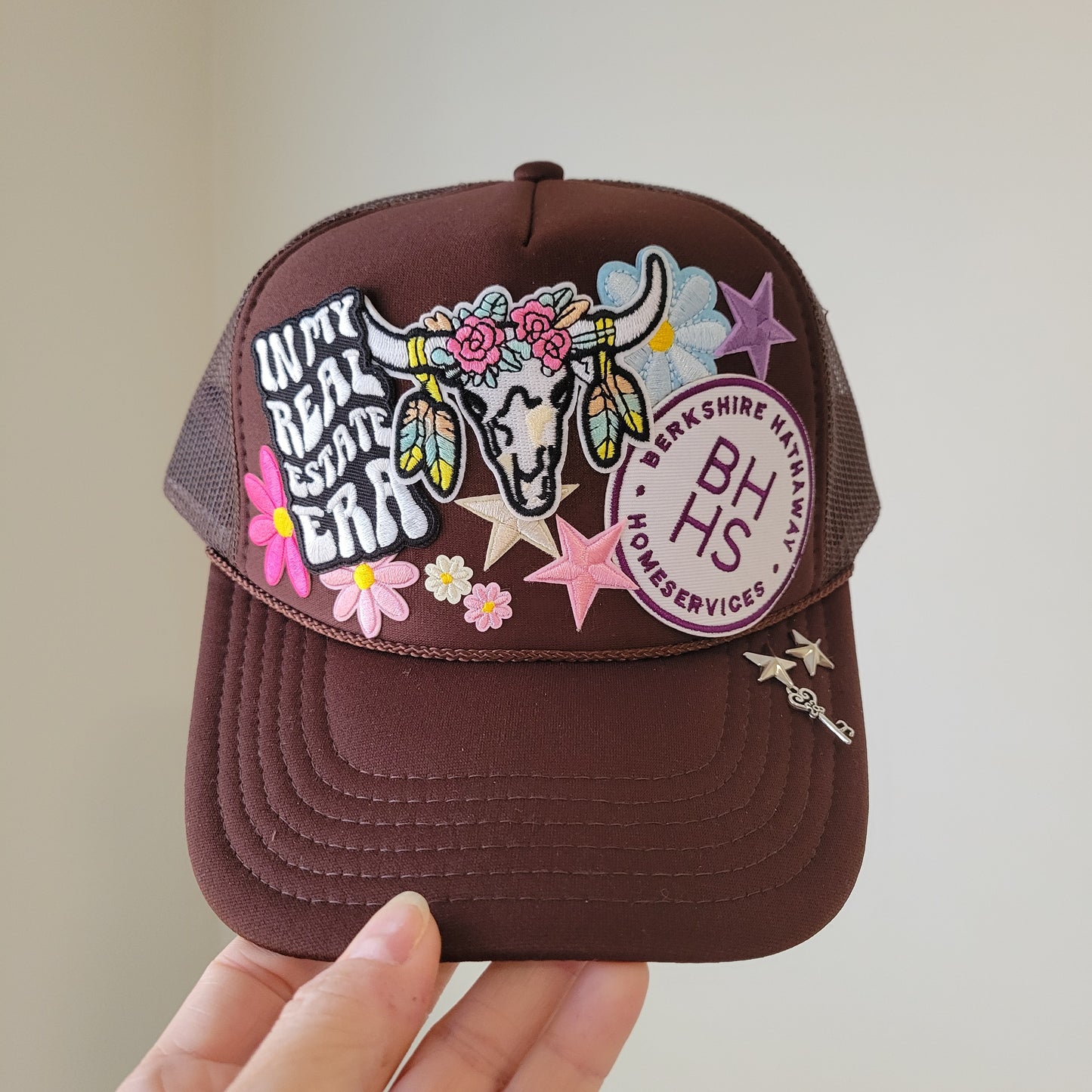 Limited Edition Foam Trucker Patch Hat – In My Real Estate Era, BHHS Patch, Floral Longhorn + Star Charms