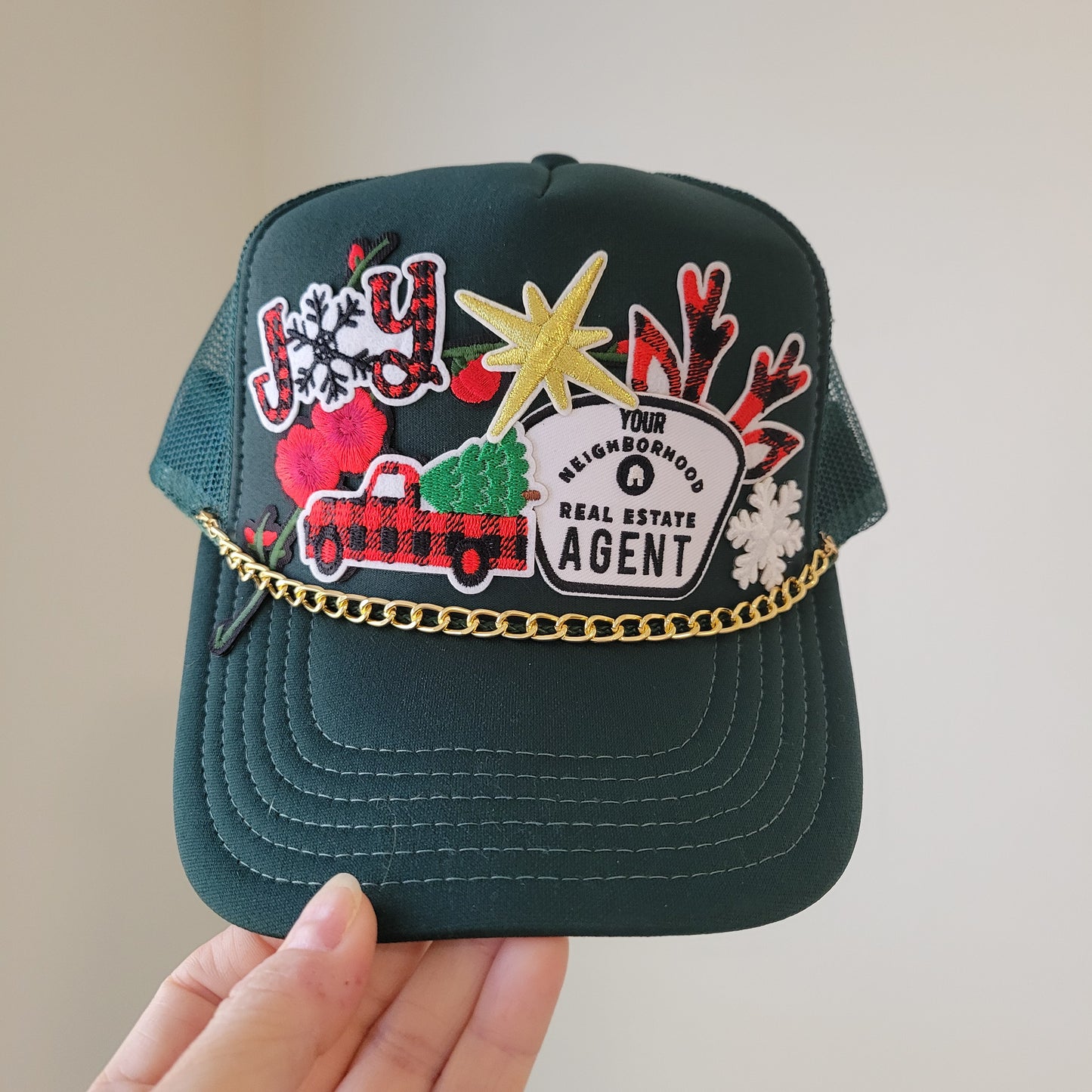 Limited Edition Foam Trucker Patch Hat – Holiday Joy, Buffalo Plaid Truck, Realtor Agent Badge + Gold Chain