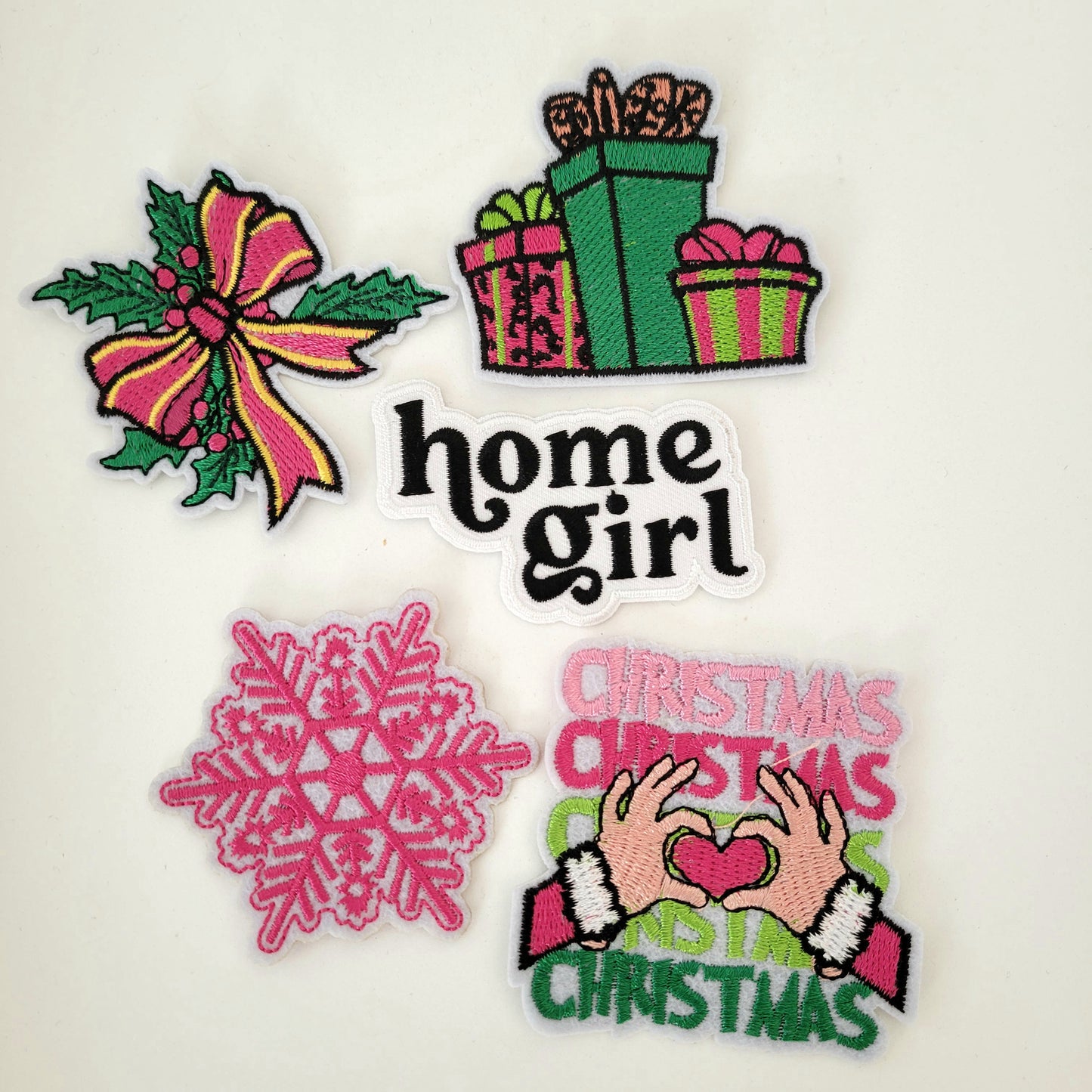Holiday Patch Bundle – Home Girl, Gifts, Bow, Snowflake + Christmas Heart Hands (5-Pack)