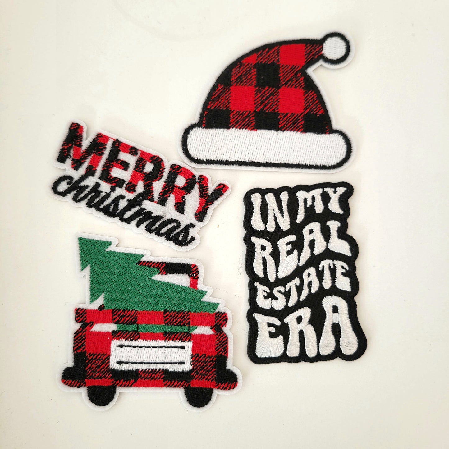 Holiday Patch Bundle – Merry Christmas, Buffalo Plaid Truck, Santa Hat + Real Estate Era (4-Pack)