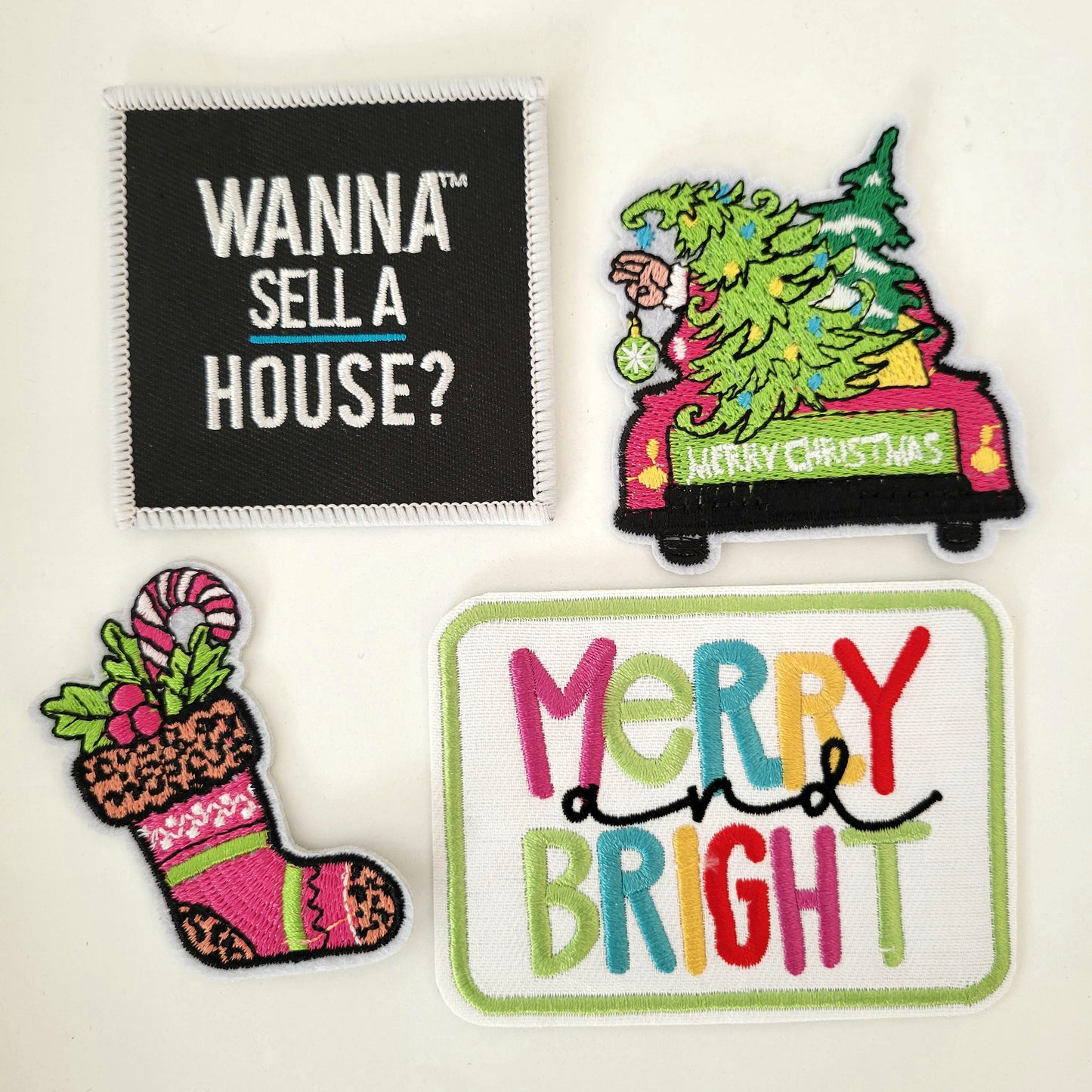Holiday Patch Bundle – Wanna Sell a House?, Merry & Bright, Stocking + Santa in Truck (4-Pack)