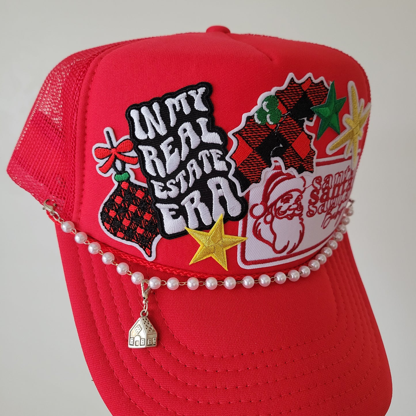 Limited Edition Foam Trucker Patch Hat – In My Real Estate Era, Santa Baby, Buffalo Plaid Stocking + Pearl Trim
