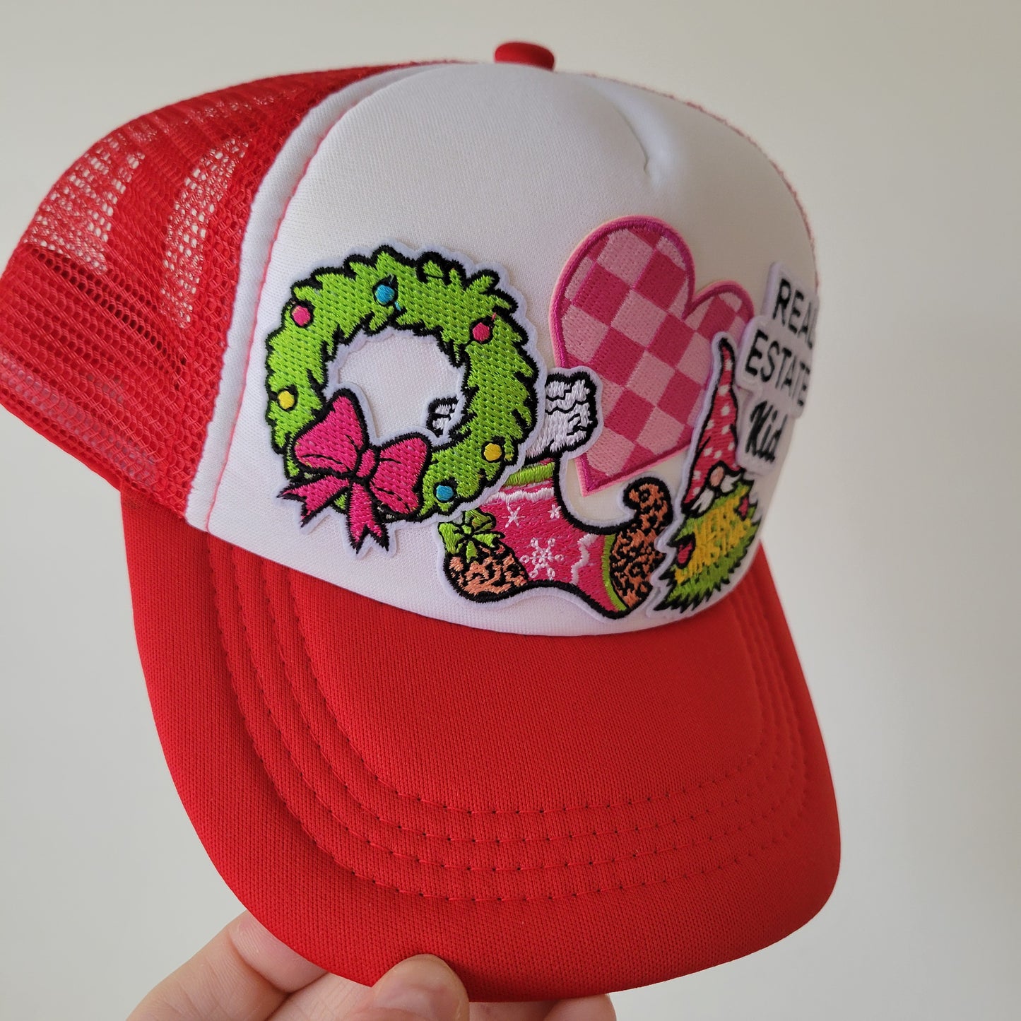 Limited Edition Kids Foam Trucker Patch Hat – Real Estate Kid, Gingham Heart, Wreath + Holiday Stocking