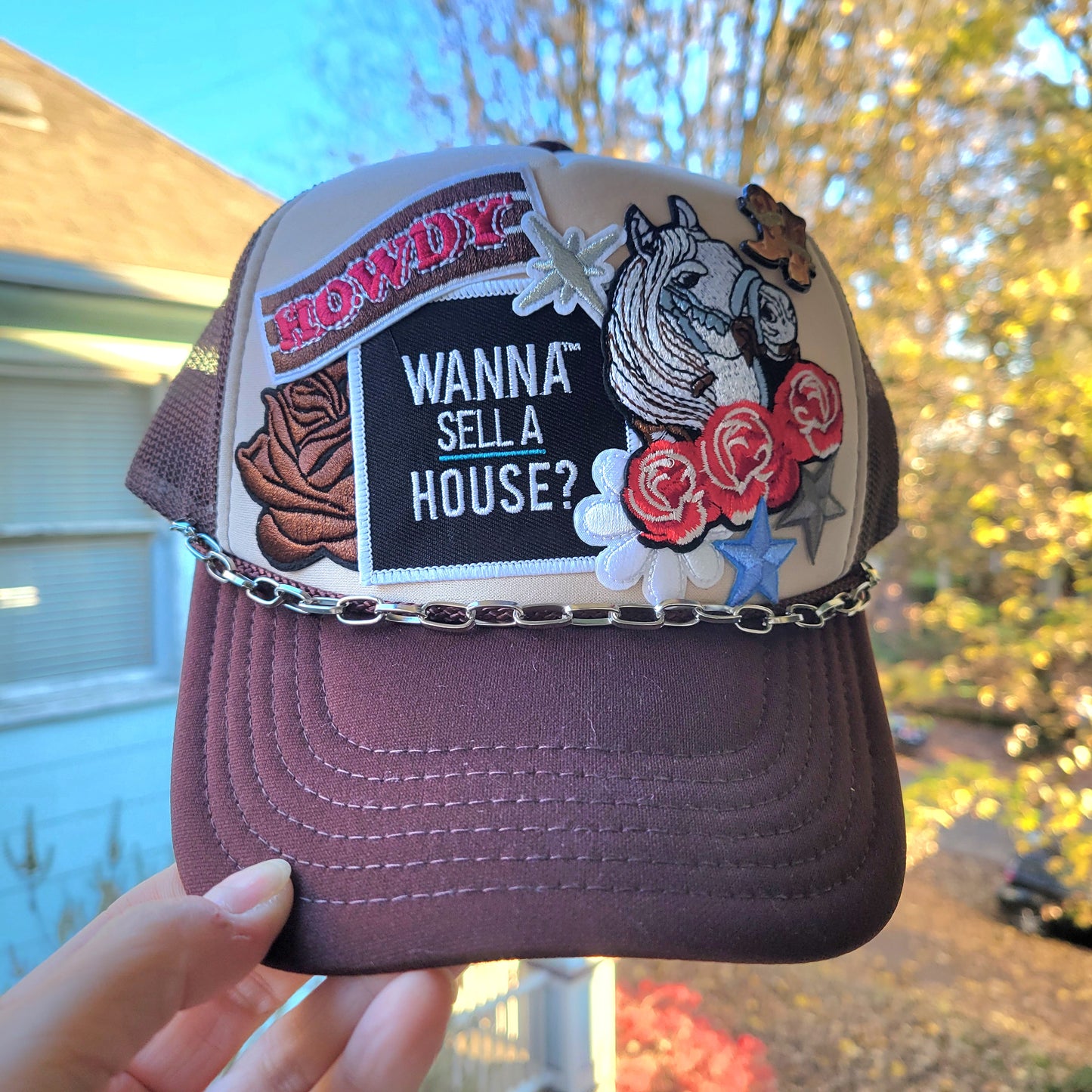 Limited Edition Foam Trucker Patch Hat – “Wanna Sell a House?”, Western Horse, Roses + Silver Chain