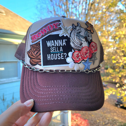 Limited Edition Foam Trucker Patch Hat – “Wanna Sell a House?”, Western Horse, Roses + Silver Chain