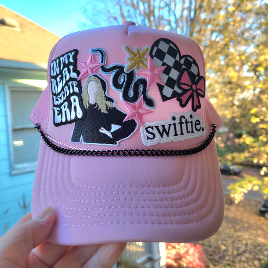 Limited Edition Foam Trucker Patch Hat – In My Real Estate Era, Swiftie Vibes, Pink Stars + Black Chain