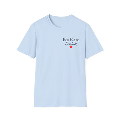 Real Estate Darling T-Shirt - Black Text Red Heart - Left Chest