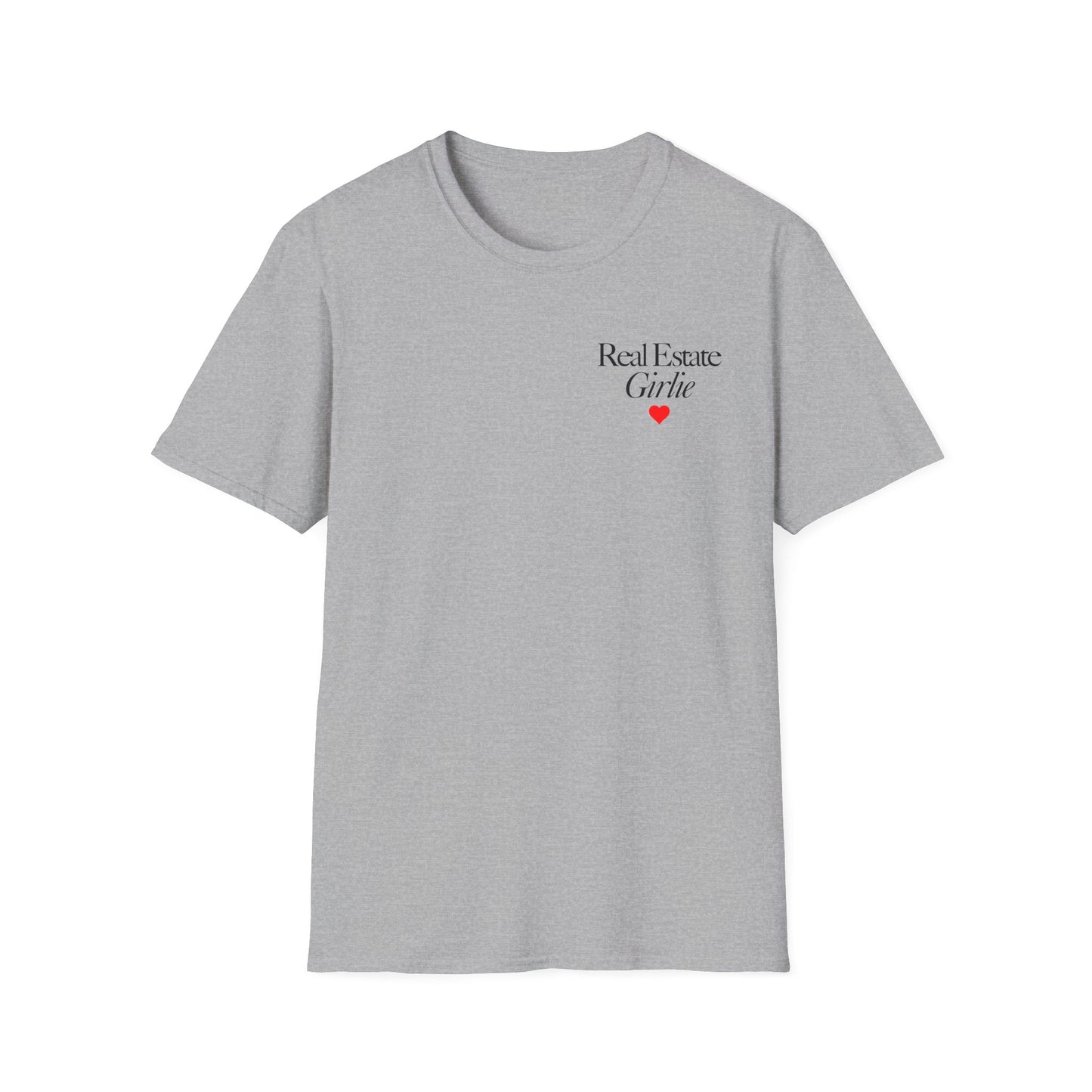 Real Estate Girlie T-Shirt - Black Text Red Heart - Left Chest