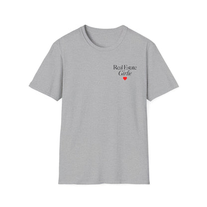 Real Estate Girlie T-Shirt - Black Text Red Heart - Left Chest
