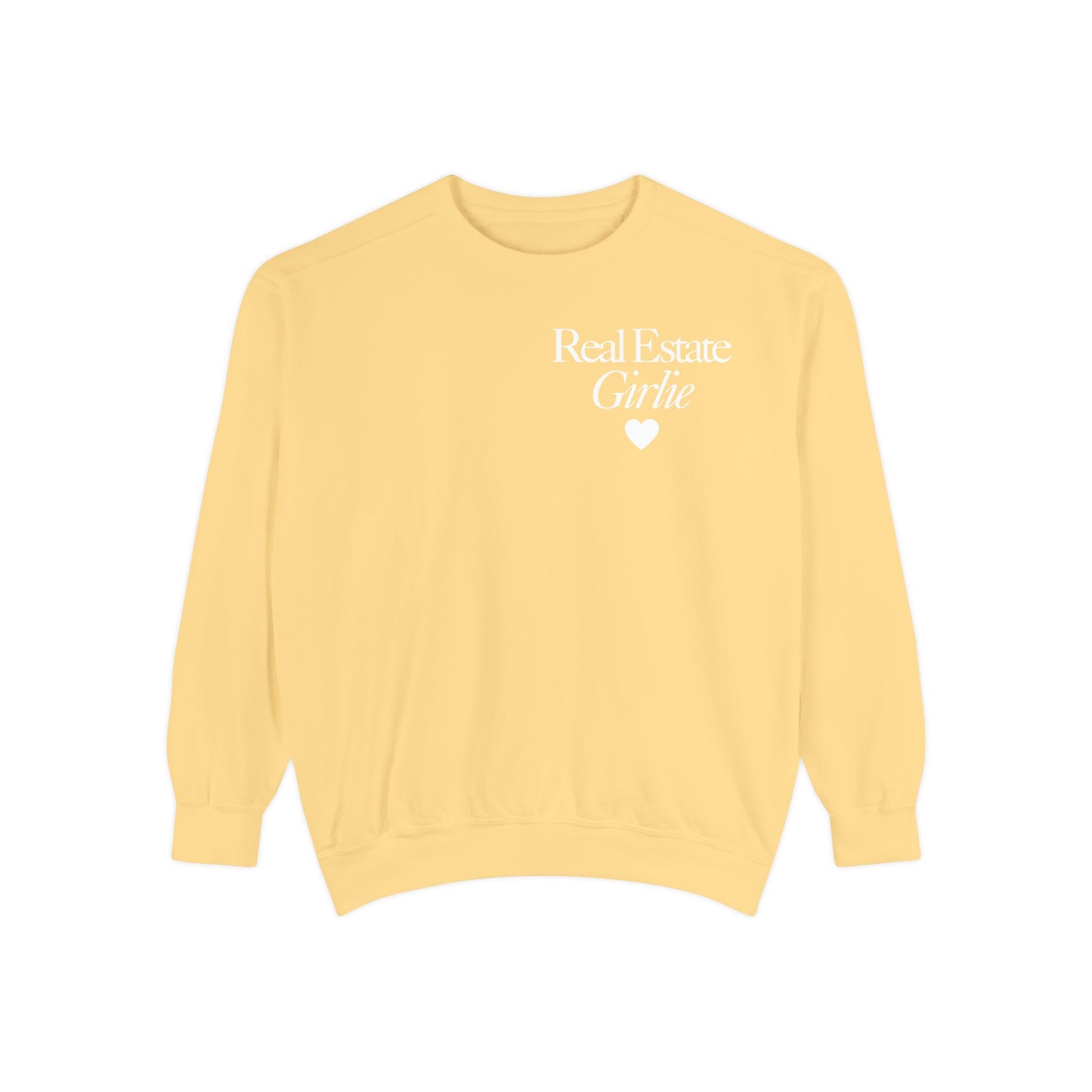 Real Estate Girlie - Comfort Colors Sweatshirt - White Text White Heart