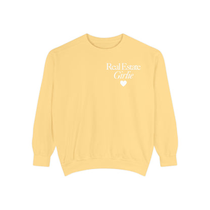 Real Estate Girlie - Comfort Colors Sweatshirt - White Text White Heart