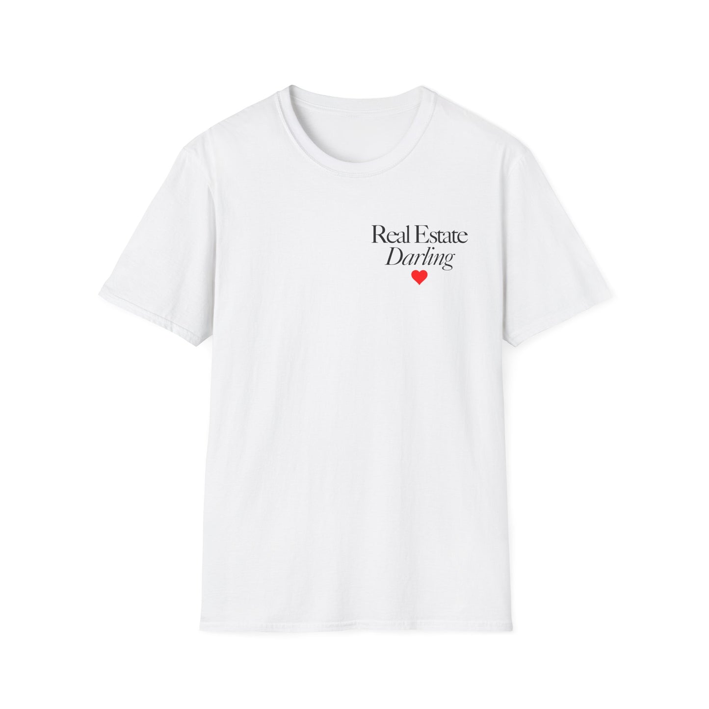 Real Estate Darling T-Shirt - Black Text Red Heart - Left Chest