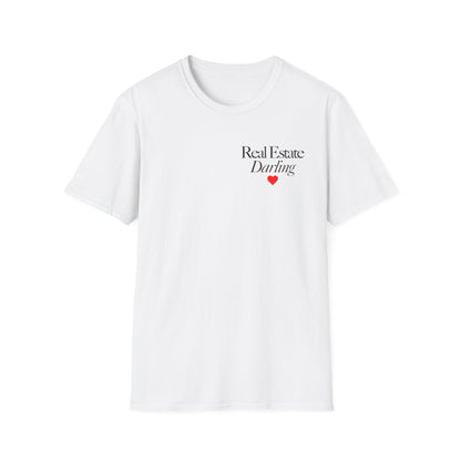 Real Estate Darling T-Shirt - Black Text Red Heart - Left Chest