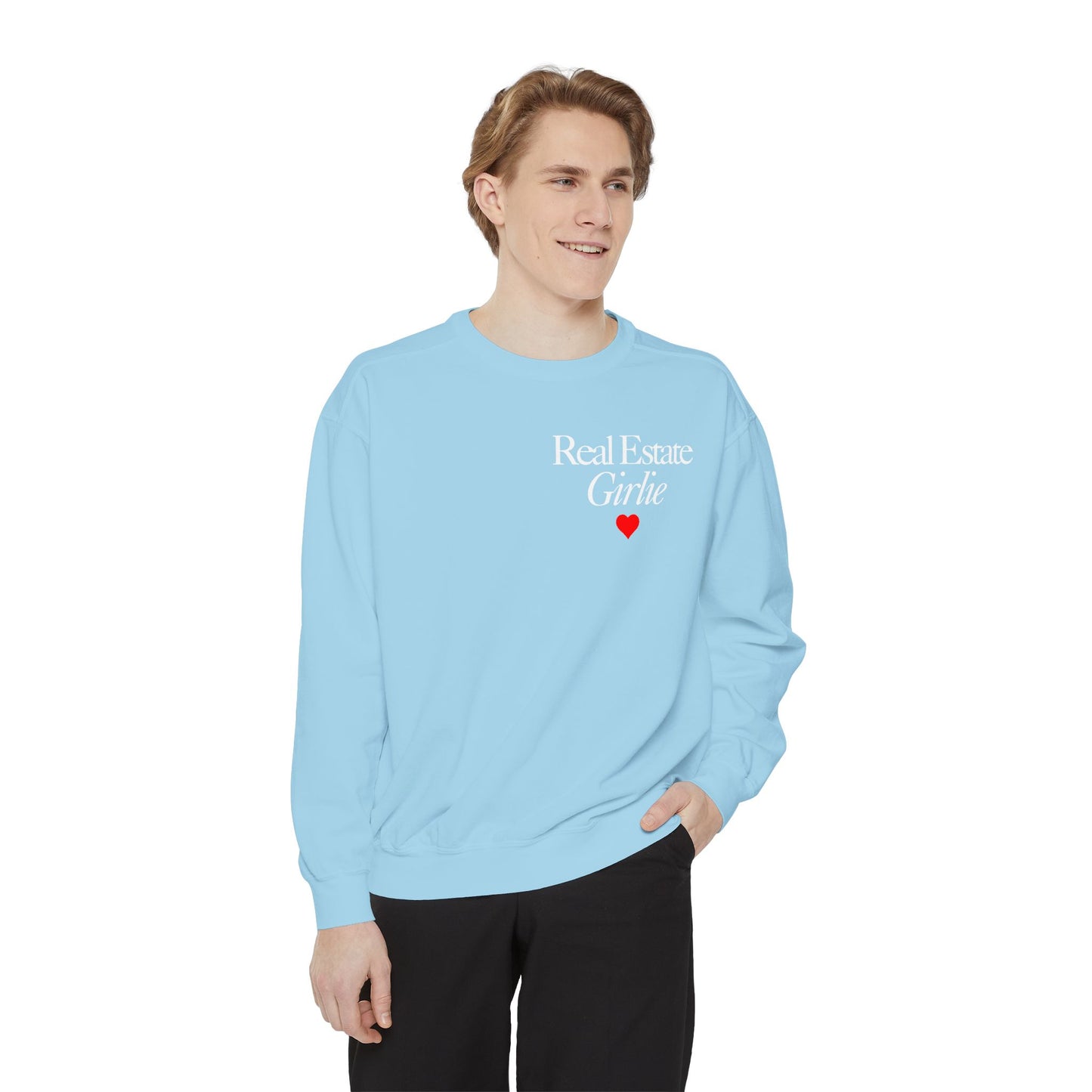 Real Estate Girlie - Comfort Colors Sweatshirt - White Text Red Heart