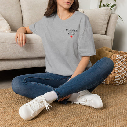 Real Estate Girlie T-Shirt - Black Text Red Heart - Left Chest