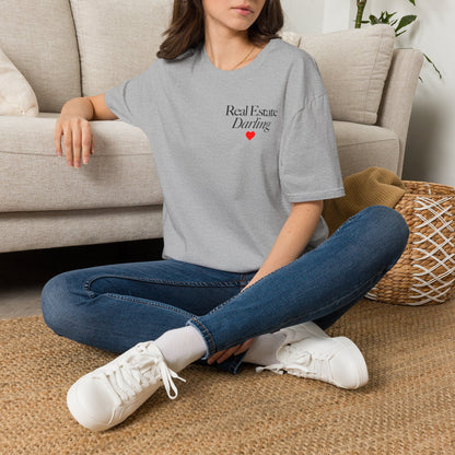 Real Estate Darling T-Shirt - Black Text Red Heart - Left Chest