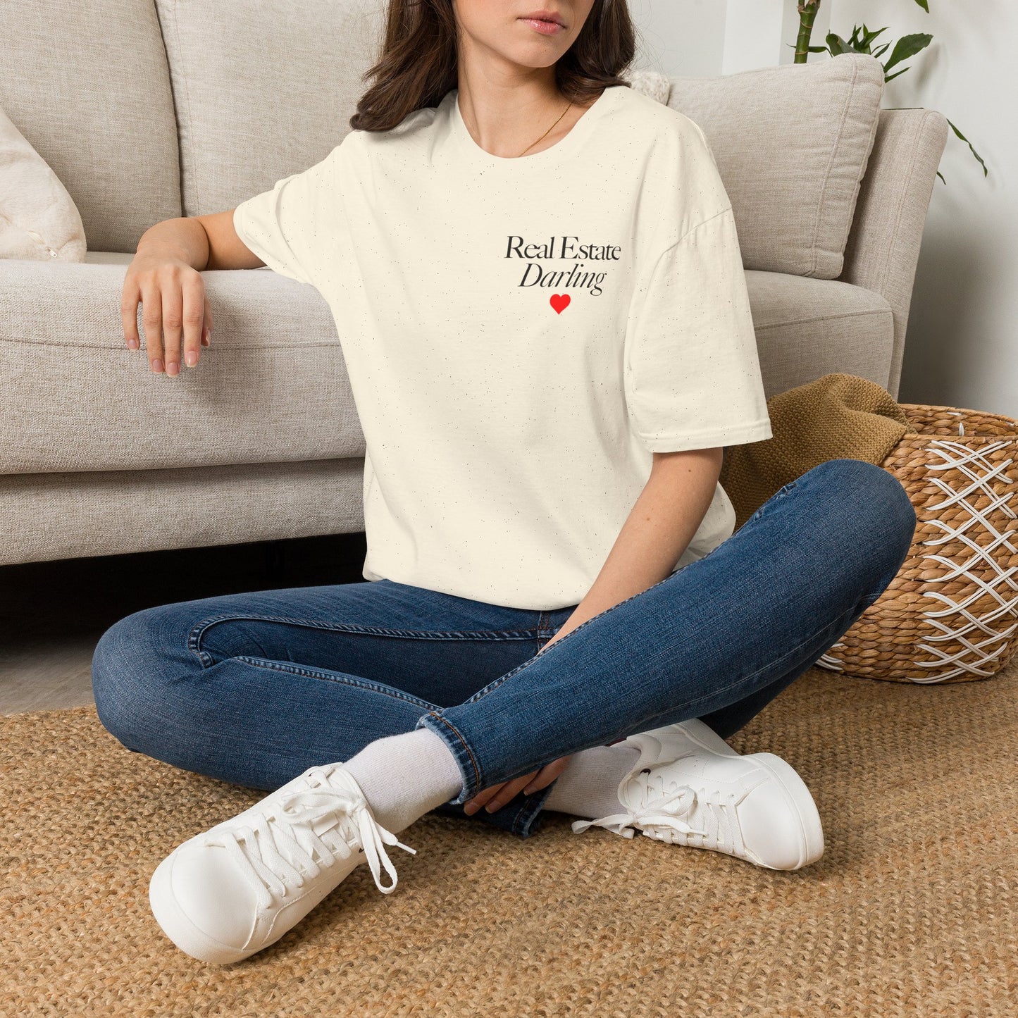 Real Estate Darling T-Shirt - Black Text Red Heart - Left Chest