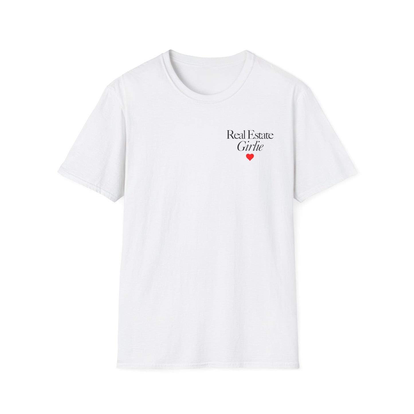 Real Estate Girlie T-Shirt - Black Text Red Heart - Left Chest