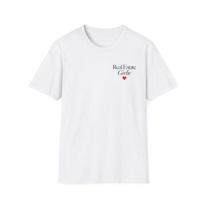 Real Estate Girlie T-Shirt - Black Text Red Heart - Left Chest