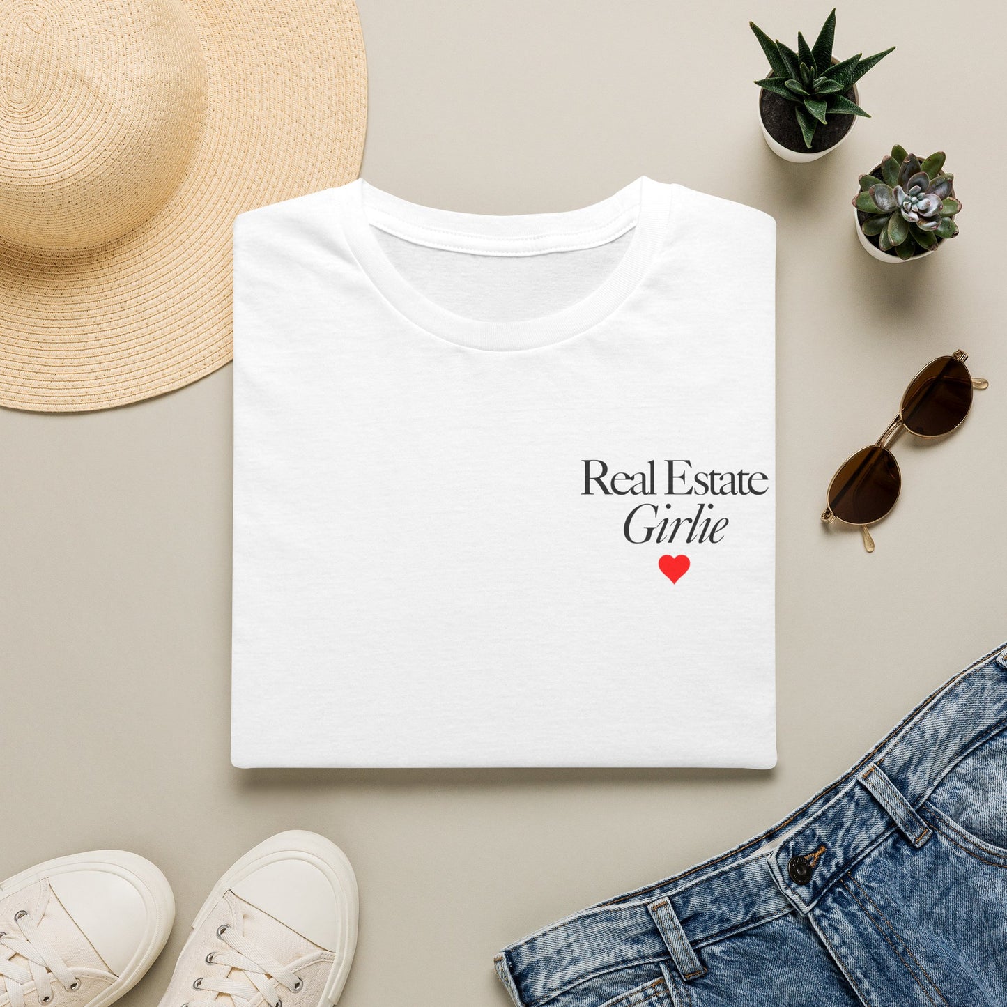 Real Estate Girlie T-Shirt - Black Text Red Heart - Left Chest