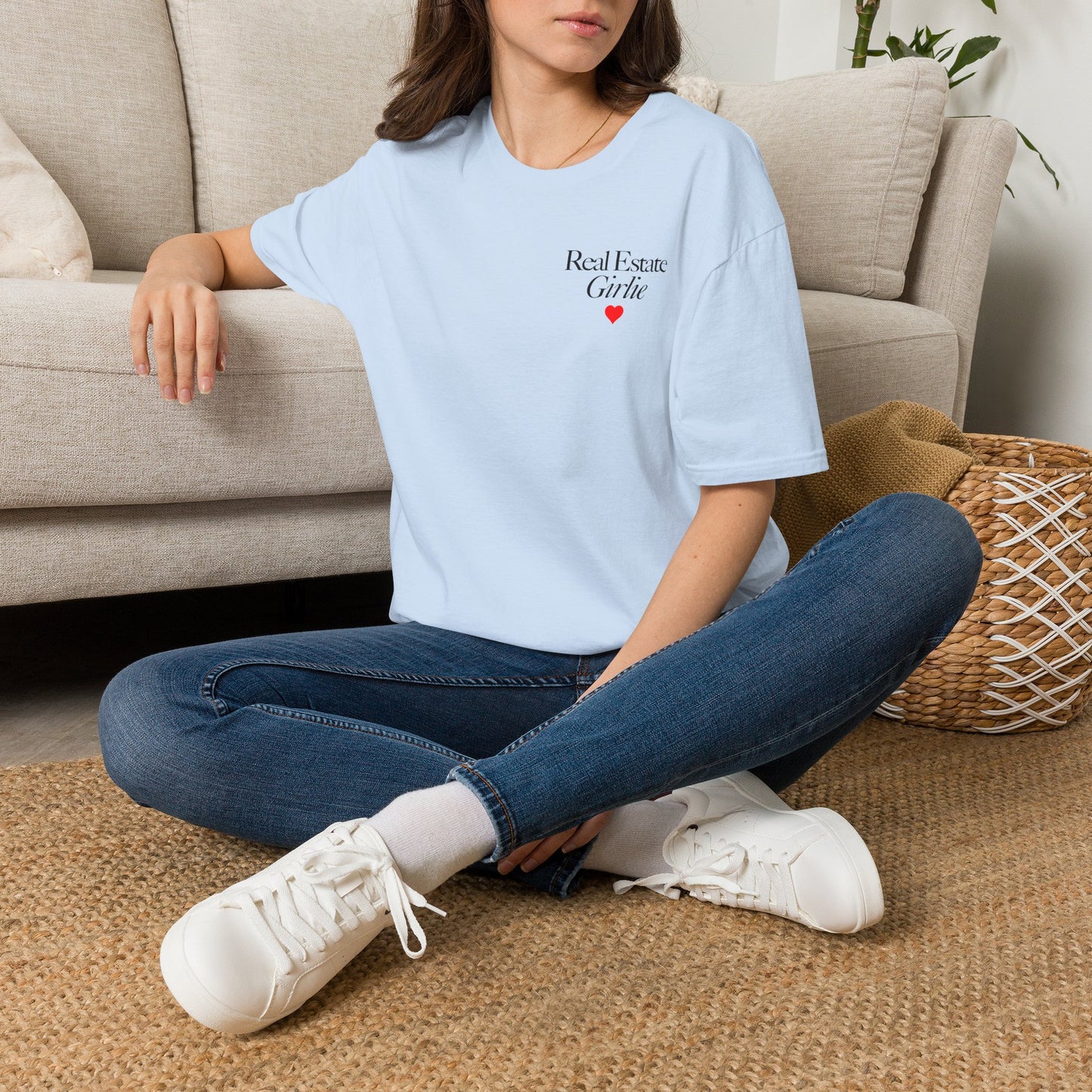 Real Estate Girlie T-Shirt - Black Text Red Heart - Left Chest