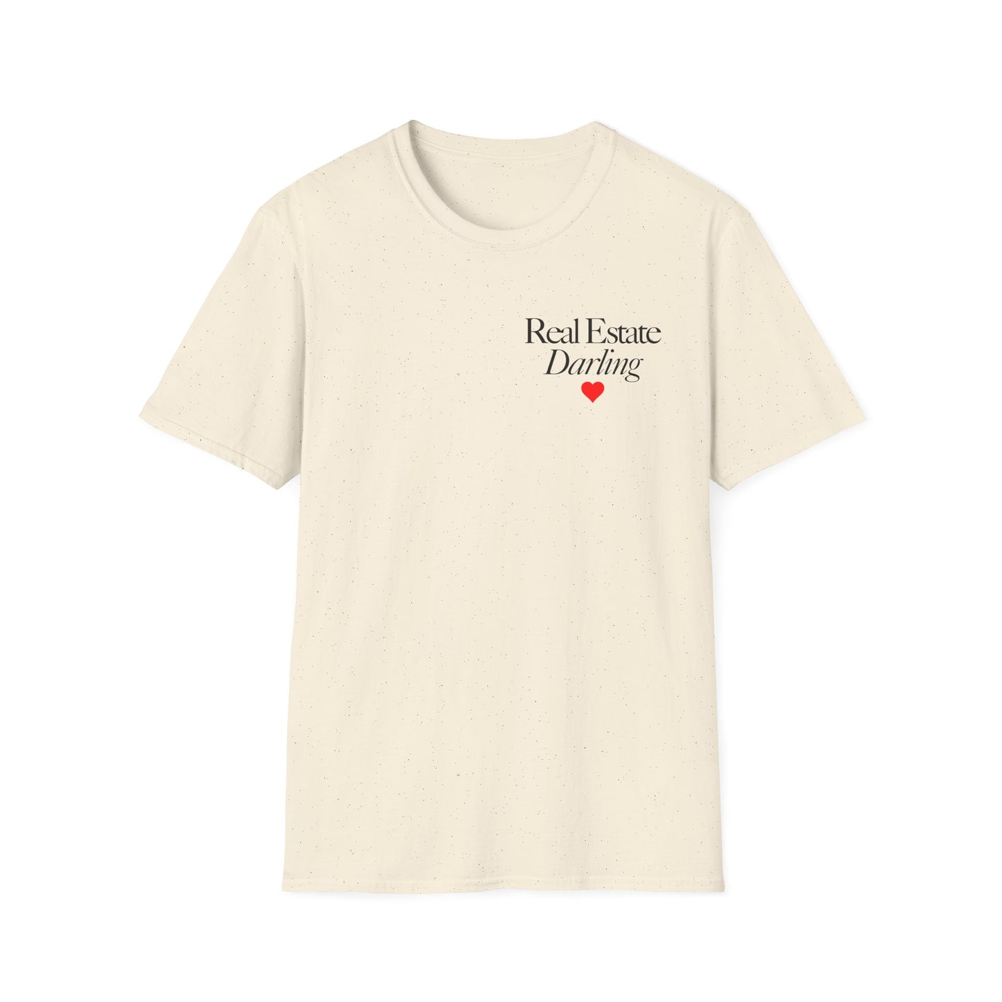Real Estate Darling T-Shirt - Black Text Red Heart - Left Chest