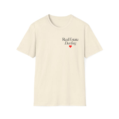 Real Estate Darling T-Shirt - Black Text Red Heart - Left Chest