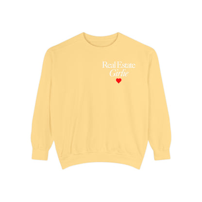 Real Estate Girlie - Comfort Colors Sweatshirt - White Text Red Heart