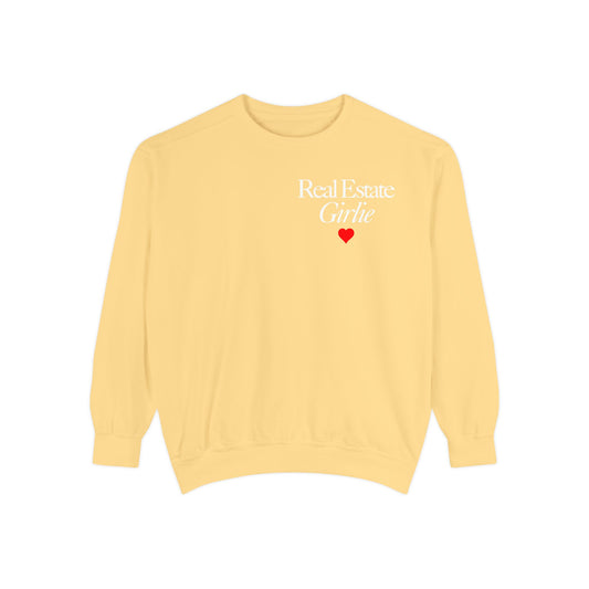 Real Estate Girlie - Comfort Colors Sweatshirt - White Text Red Heart