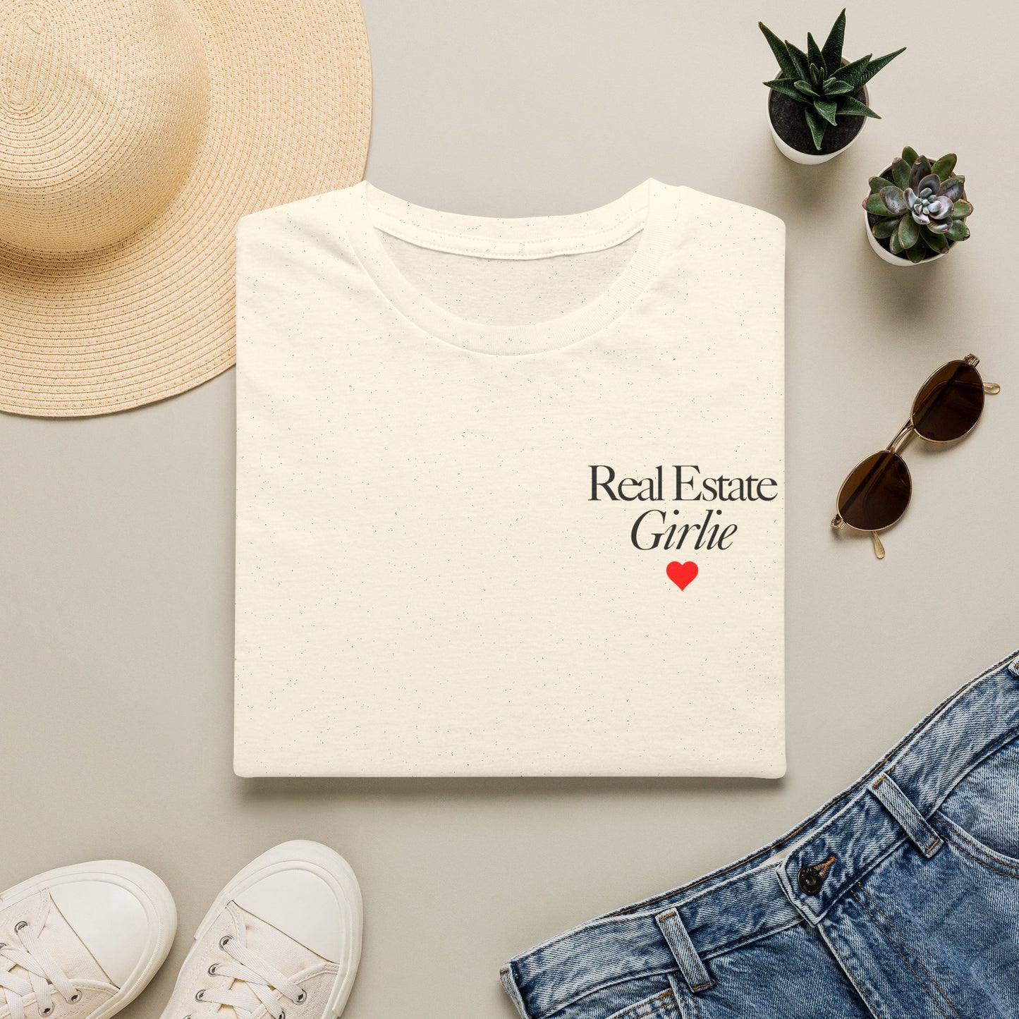 Real Estate Girlie T-Shirt - Black Text Red Heart - Left Chest