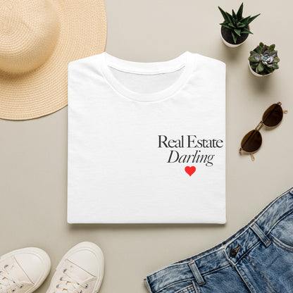 Real Estate Darling T-Shirt - Black Text Red Heart - Left Chest