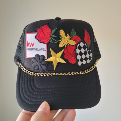 Limited Edition Foam Trucker Patch Hat – Keller Williams Patch, Roses, Gold Bee + Metal Chain Trim