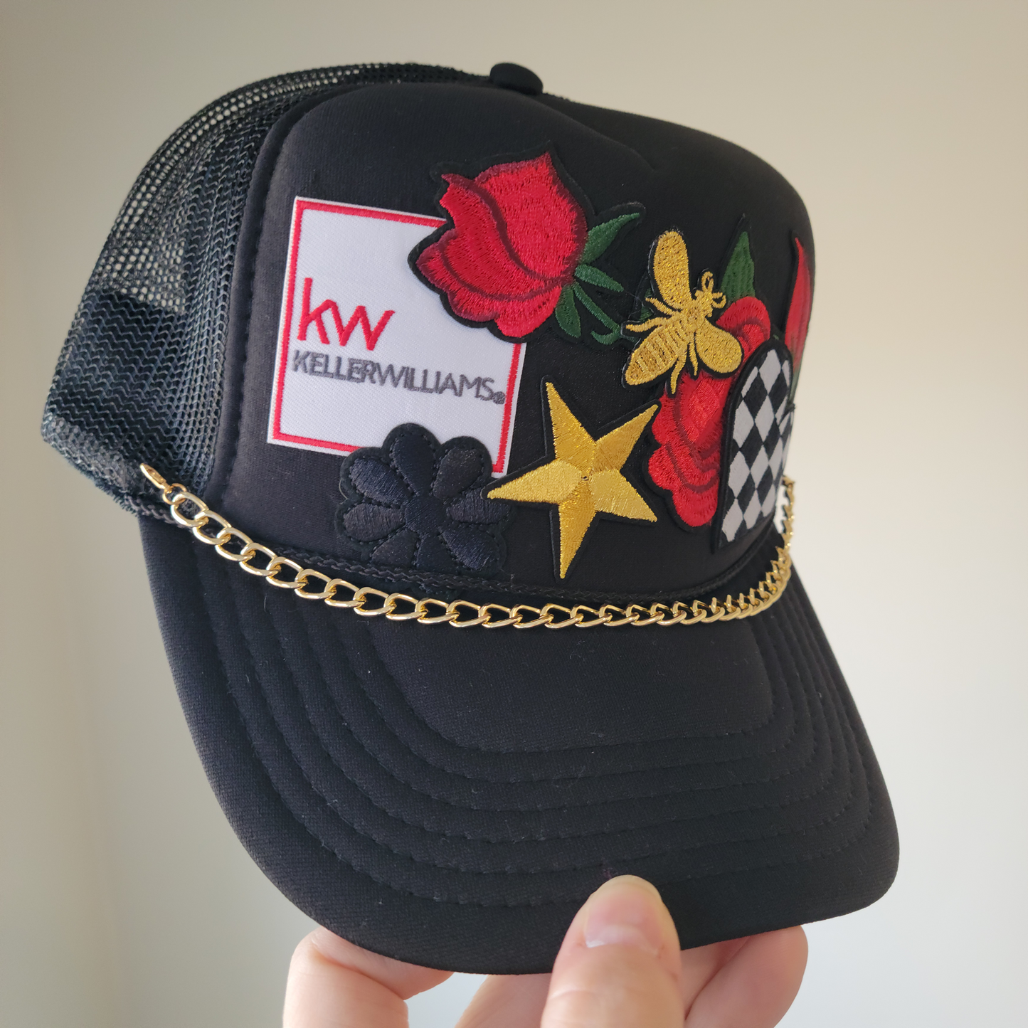 Limited Edition Foam Trucker Patch Hat – Keller Williams Patch, Roses, Gold Bee + Metal Chain Trim