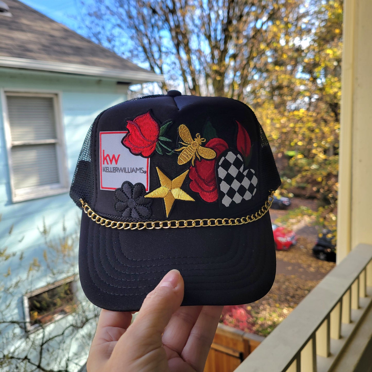 Limited Edition Foam Trucker Patch Hat – Keller Williams Patch, Roses, Gold Bee + Metal Chain Trim