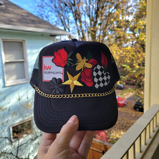 Limited Edition Foam Trucker Patch Hat – Keller Williams Patch, Roses, Gold Bee + Metal Chain Trim