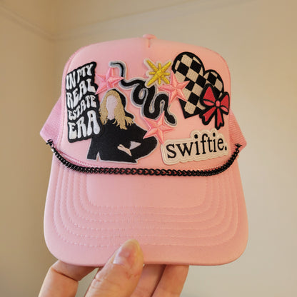 Limited Edition Foam Trucker Patch Hat – In My Real Estate Era, Swiftie Vibes, Pink Stars + Black Chain