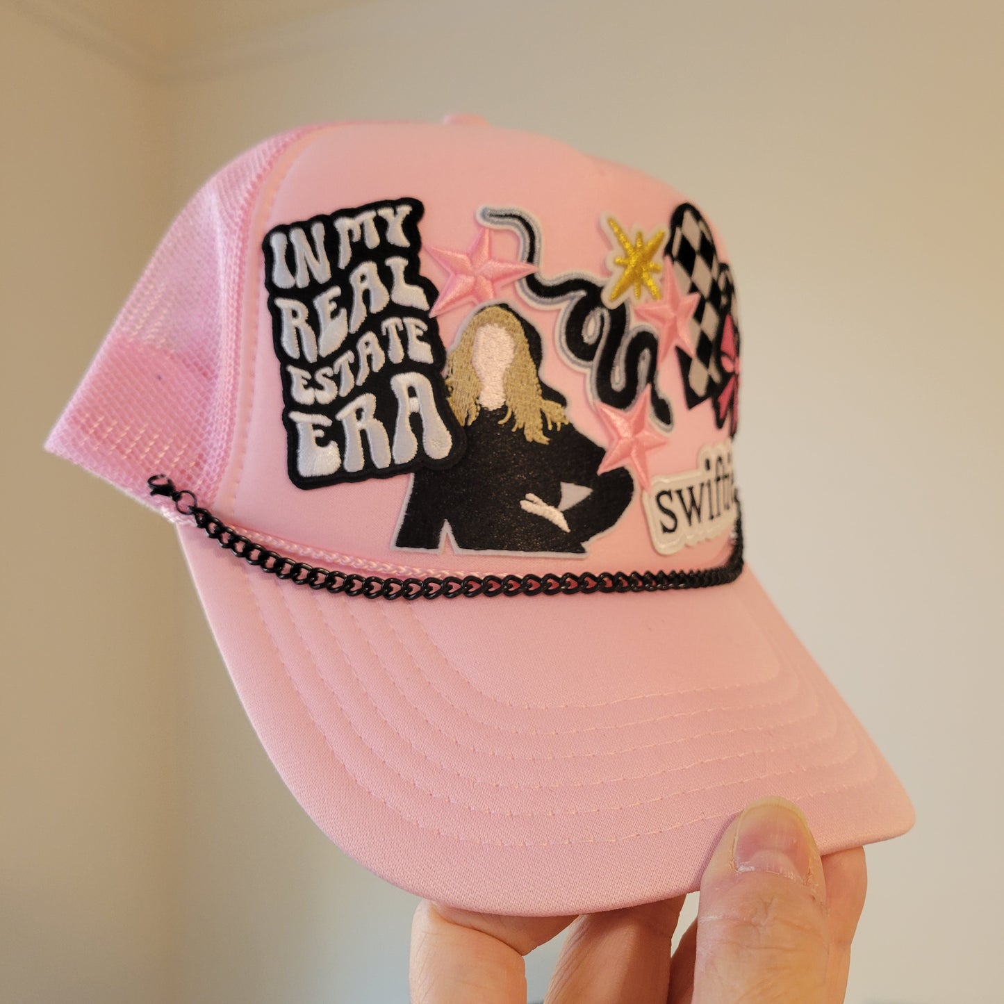Limited Edition Foam Trucker Patch Hat – In My Real Estate Era, Swiftie Vibes, Pink Stars + Black Chain