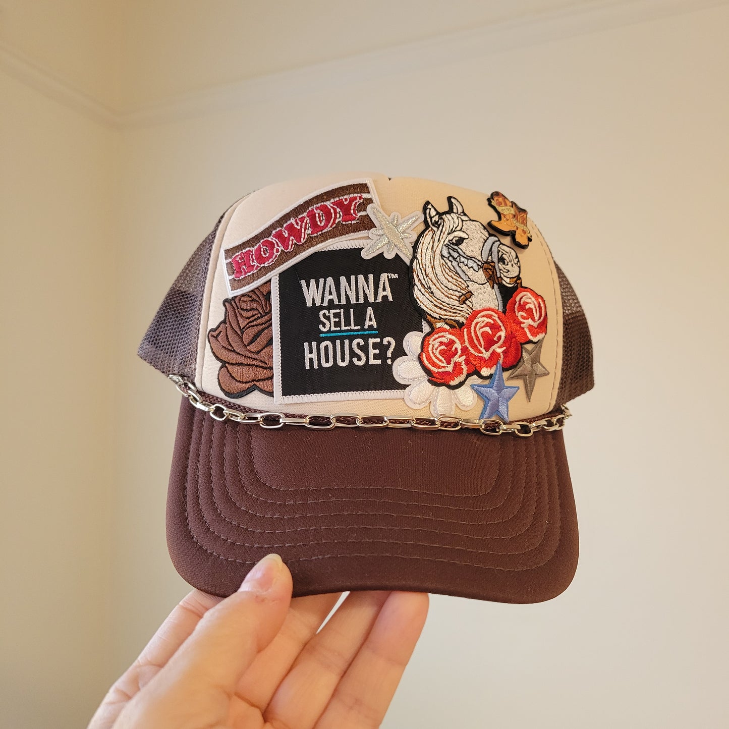 Limited Edition Foam Trucker Patch Hat – “Wanna Sell a House?”, Western Horse, Roses + Silver Chain