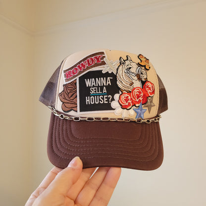 Limited Edition Foam Trucker Patch Hat – “Wanna Sell a House?”, Western Horse, Roses + Silver Chain