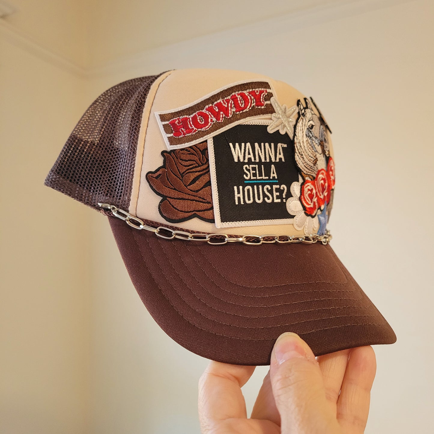 Limited Edition Foam Trucker Patch Hat – “Wanna Sell a House?”, Western Horse, Roses + Silver Chain
