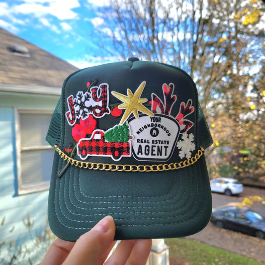 Limited Edition Foam Trucker Patch Hat – Holiday Joy, Buffalo Plaid Truck, Realtor Agent Badge + Gold Chain