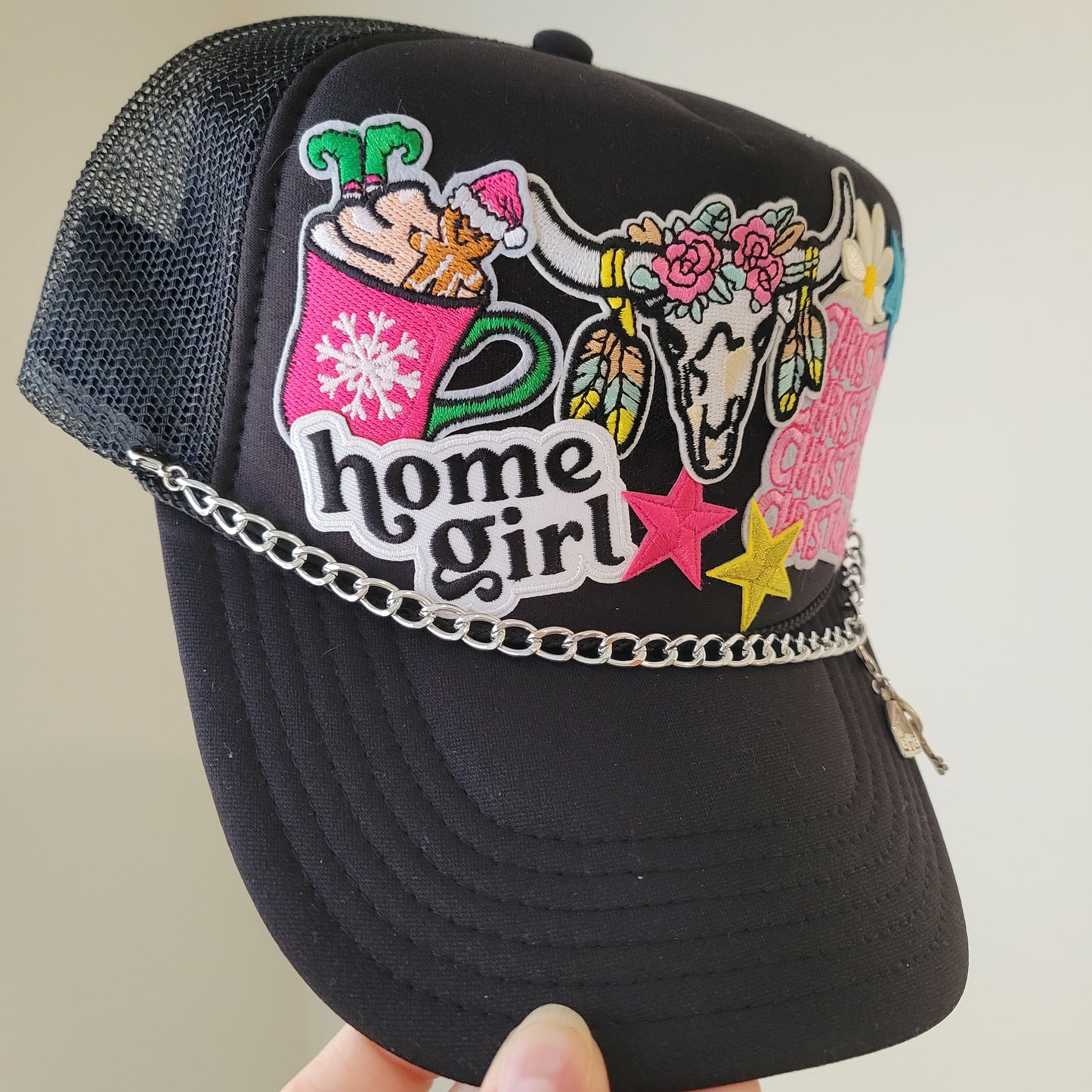 Limited Edition Foam Trucker Patch Hat – Home Girl, Holiday Western, Stars + Silver Chain Trim