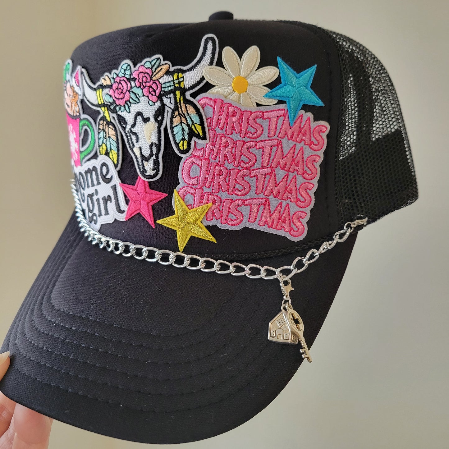Limited Edition Foam Trucker Patch Hat – Home Girl, Holiday Western, Stars + Silver Chain Trim