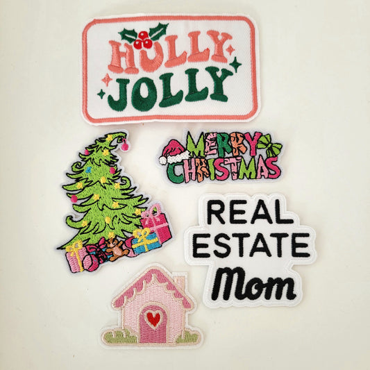 Holiday Patch Bundle – Holly Jolly, Merry Christmas, Real Estate Mom + Pink House (5-Pack)