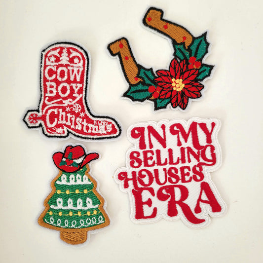 Holiday Patch Bundle – In My Selling Houses Era, Cowboy Christmas Boot, Western Tree + Horseshoe (4-Pack)