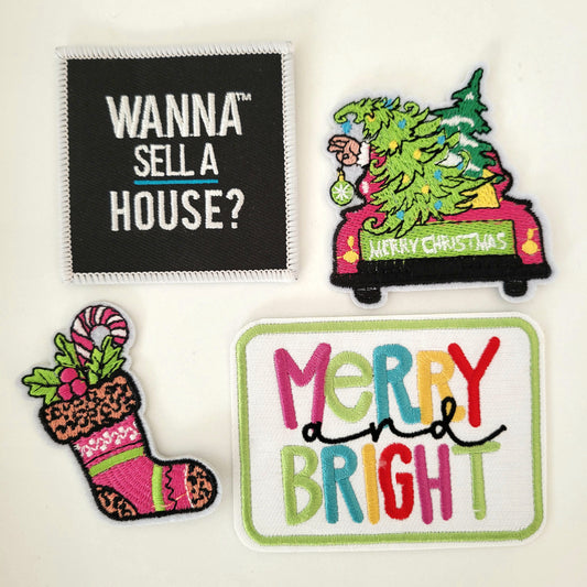 Holiday Patch Bundle – Wanna Sell a House?, Merry & Bright, Stocking + Santa in Truck (4-Pack)