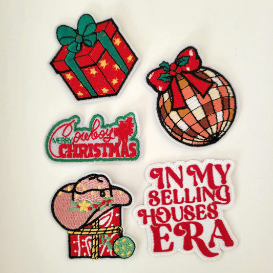 Holiday Patch Bundle – In My Selling Houses Era, Cowboy Christmas, Gifts + Disco Ball Ornament (5-Pack)