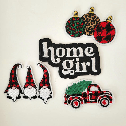 Holiday Patch Bundle – Home Girl, Buffalo Plaid Truck, Gnomes + Christmas Ornaments (4-Pack)