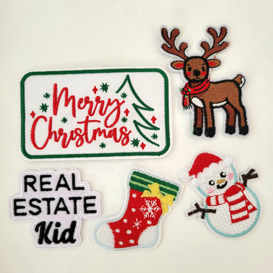 Holiday Patch Bundle – Merry Christmas, Reindeer, Snowman, Stocking + Real Estate Kid (5-Pack)